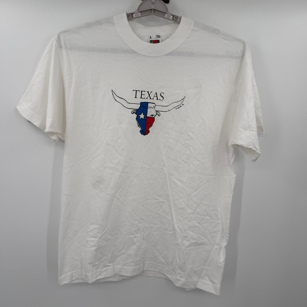 Vintage 1996 Fruit of the Loom Texas Longhorn Flag T-Shirt White Large USA Made